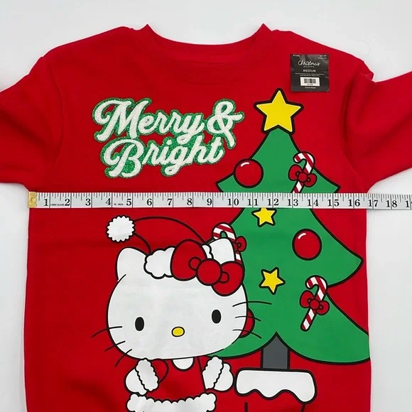 Hello Kitty Red Graphic Christmas Merry & Bright Tree Sweatshirt Crewneck - Picture 9 of 17